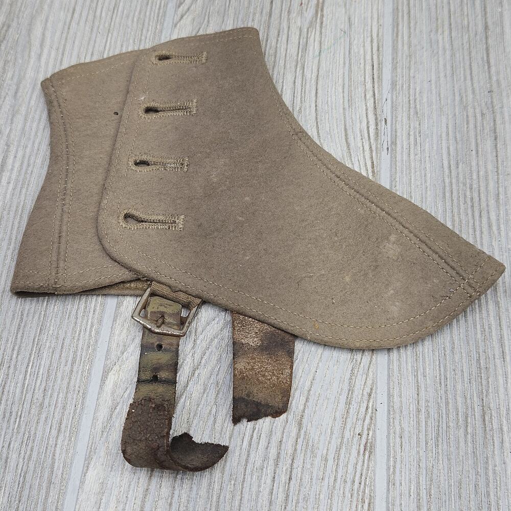 Vintage Military Gaiters Khaki Wool Canvas Puttees Leather Strap Buckle USA WWII - Picture 3 of 6